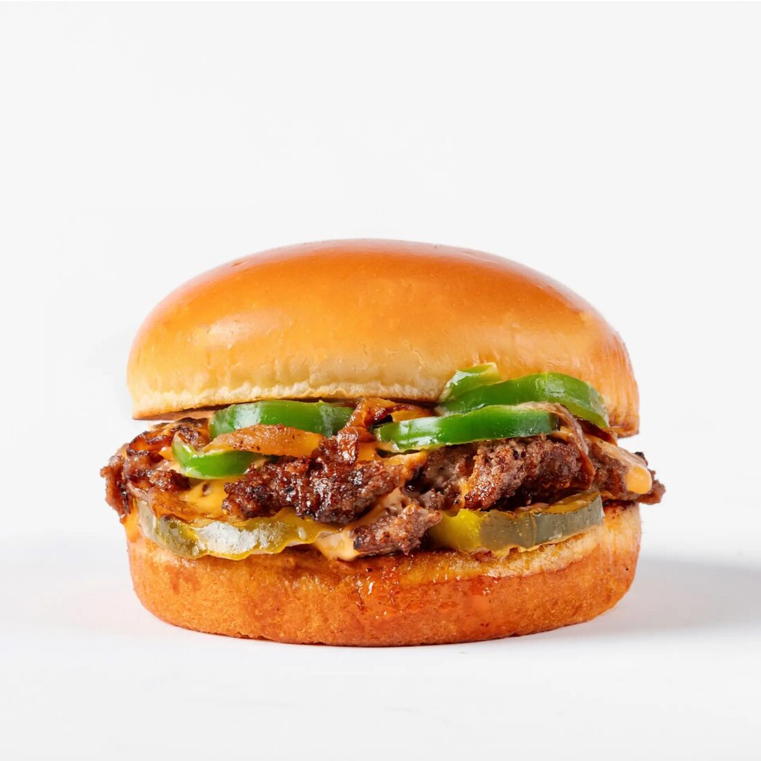 Jalapeño Smash burger with fresh jalapeño slices and caramelized onions