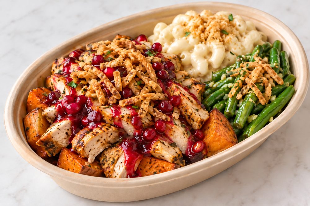 Holiday bowl with white cheddar mac and cheese, green beans, roasted sweet potatoes, Persian lemon chicken, cranberry pomegranate compote and crispy fried onions